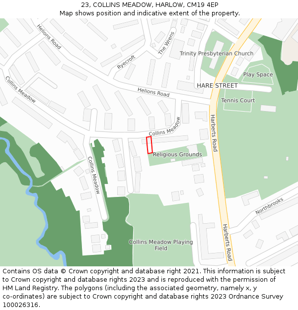23, COLLINS MEADOW, HARLOW, CM19 4EP: Location map and indicative extent of plot