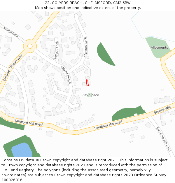 23, COLYERS REACH, CHELMSFORD, CM2 6RW: Location map and indicative extent of plot