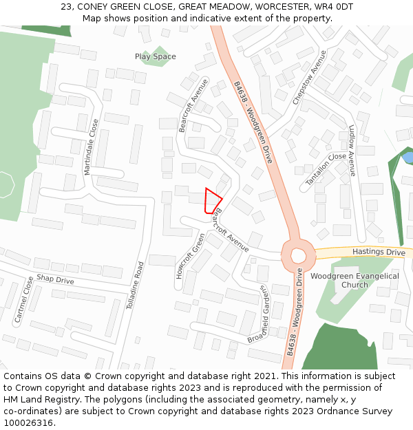 23, CONEY GREEN CLOSE, GREAT MEADOW, WORCESTER, WR4 0DT: Location map and indicative extent of plot
