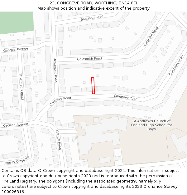 23, CONGREVE ROAD, WORTHING, BN14 8EL: Location map and indicative extent of plot