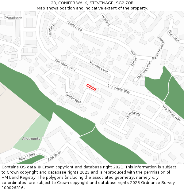 23, CONIFER WALK, STEVENAGE, SG2 7QR: Location map and indicative extent of plot