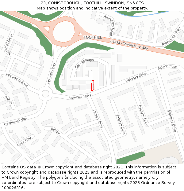 23, CONISBOROUGH, TOOTHILL, SWINDON, SN5 8ES: Location map and indicative extent of plot