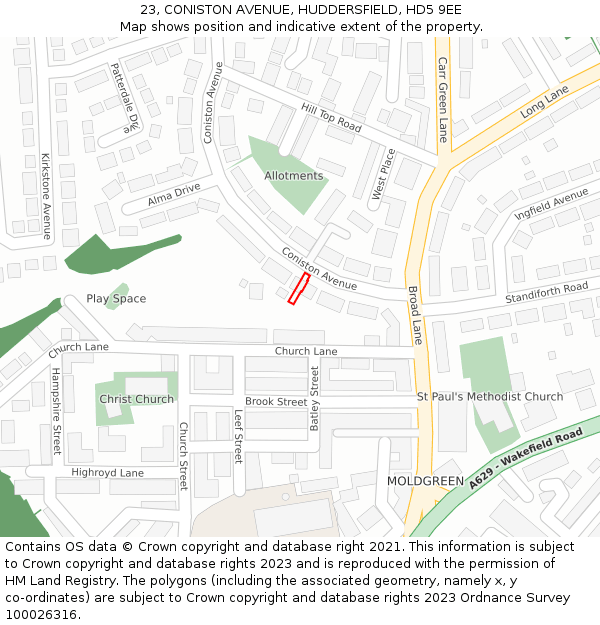 23, CONISTON AVENUE, HUDDERSFIELD, HD5 9EE: Location map and indicative extent of plot