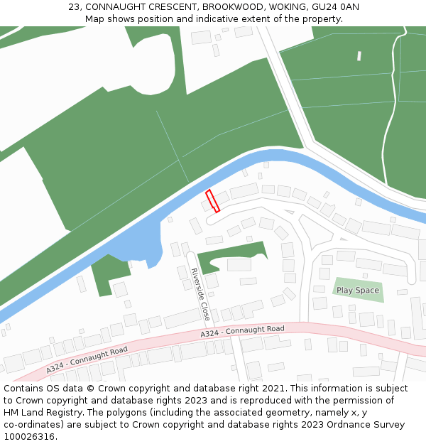23, CONNAUGHT CRESCENT, BROOKWOOD, WOKING, GU24 0AN: Location map and indicative extent of plot