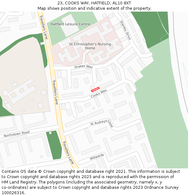 23, COOKS WAY, HATFIELD, AL10 8XT: Location map and indicative extent of plot