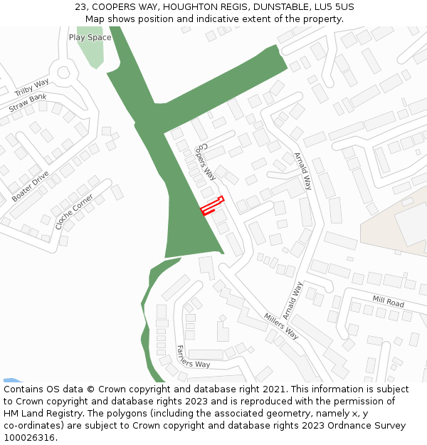 23, COOPERS WAY, HOUGHTON REGIS, DUNSTABLE, LU5 5US: Location map and indicative extent of plot