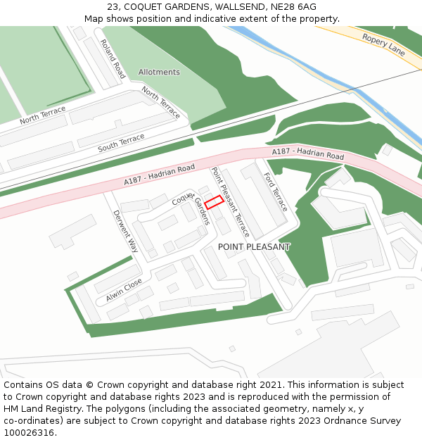 23, COQUET GARDENS, WALLSEND, NE28 6AG: Location map and indicative extent of plot