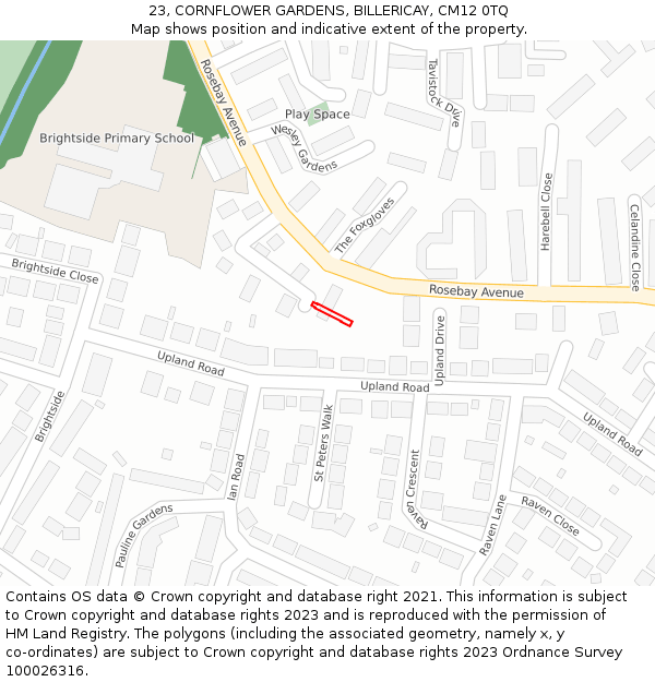 23, CORNFLOWER GARDENS, BILLERICAY, CM12 0TQ: Location map and indicative extent of plot