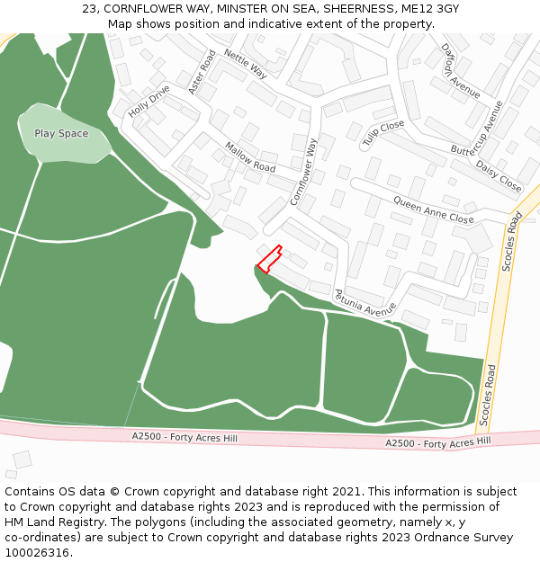 23, CORNFLOWER WAY, MINSTER ON SEA, SHEERNESS, ME12 3GY: Location map and indicative extent of plot