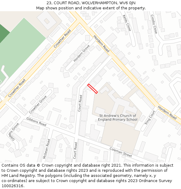 23, COURT ROAD, WOLVERHAMPTON, WV6 0JN: Location map and indicative extent of plot