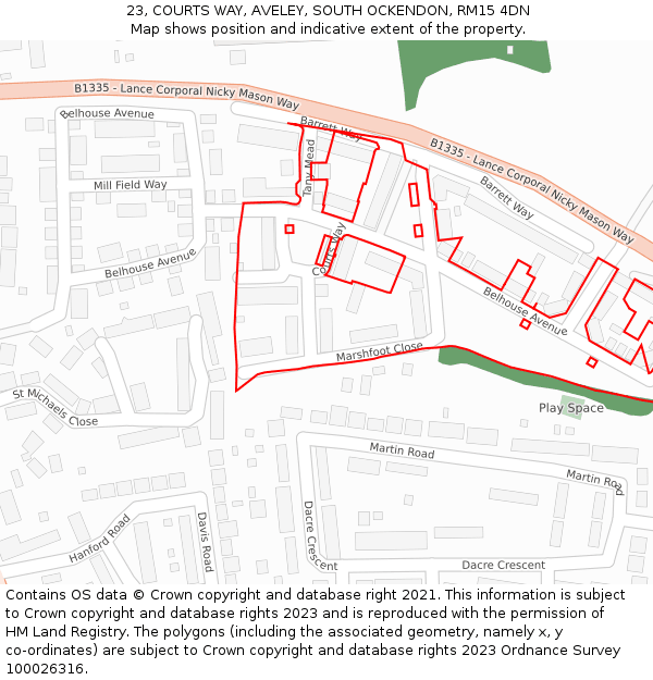 23, COURTS WAY, AVELEY, SOUTH OCKENDON, RM15 4DN: Location map and indicative extent of plot