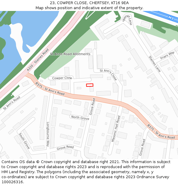 23, COWPER CLOSE, CHERTSEY, KT16 9EA: Location map and indicative extent of plot