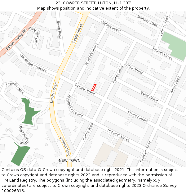 23, COWPER STREET, LUTON, LU1 3RZ: Location map and indicative extent of plot