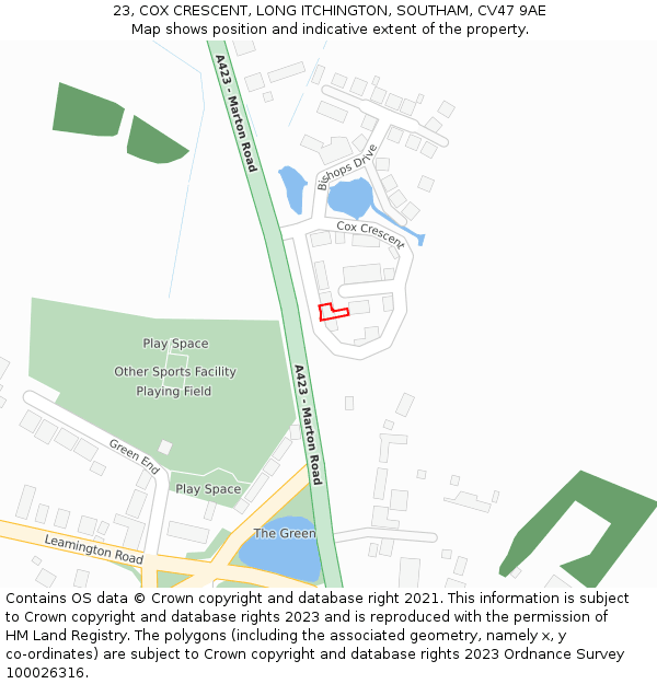 23, COX CRESCENT, LONG ITCHINGTON, SOUTHAM, CV47 9AE: Location map and indicative extent of plot