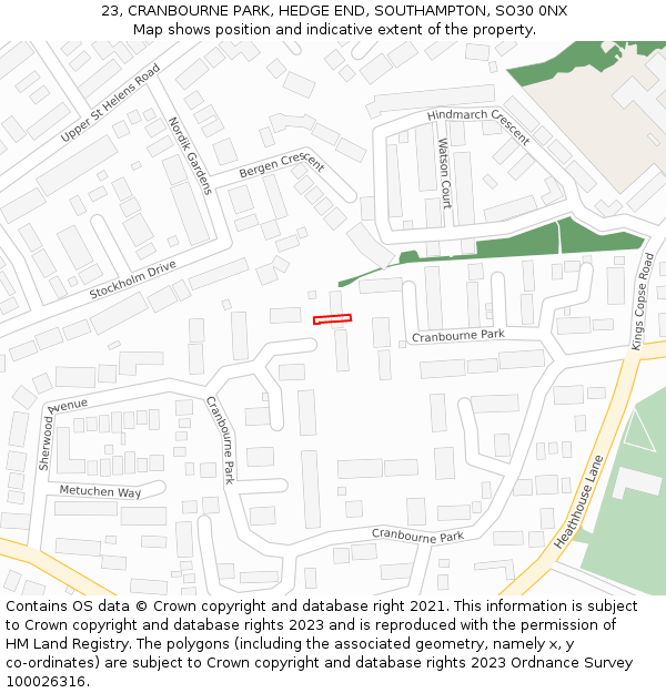 23, CRANBOURNE PARK, HEDGE END, SOUTHAMPTON, SO30 0NX: Location map and indicative extent of plot