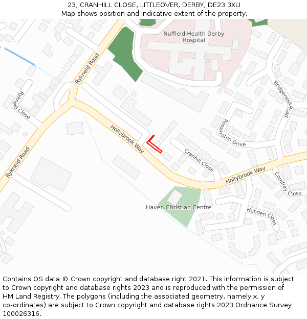 23, CRANHILL CLOSE, LITTLEOVER, DERBY, DE23 3XU: Location map and indicative extent of plot