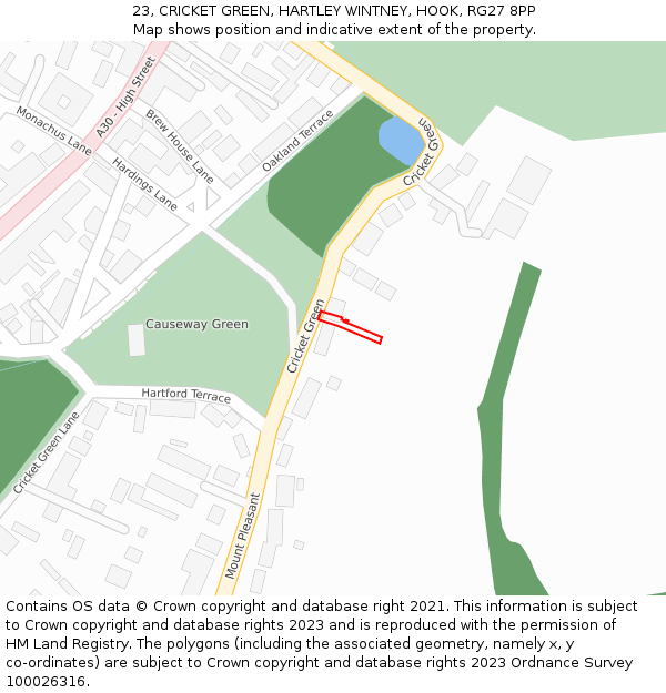 23, CRICKET GREEN, HARTLEY WINTNEY, HOOK, RG27 8PP: Location map and indicative extent of plot