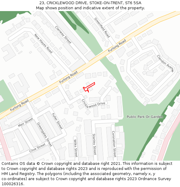 23, CRICKLEWOOD DRIVE, STOKE-ON-TRENT, ST6 5SA: Location map and indicative extent of plot