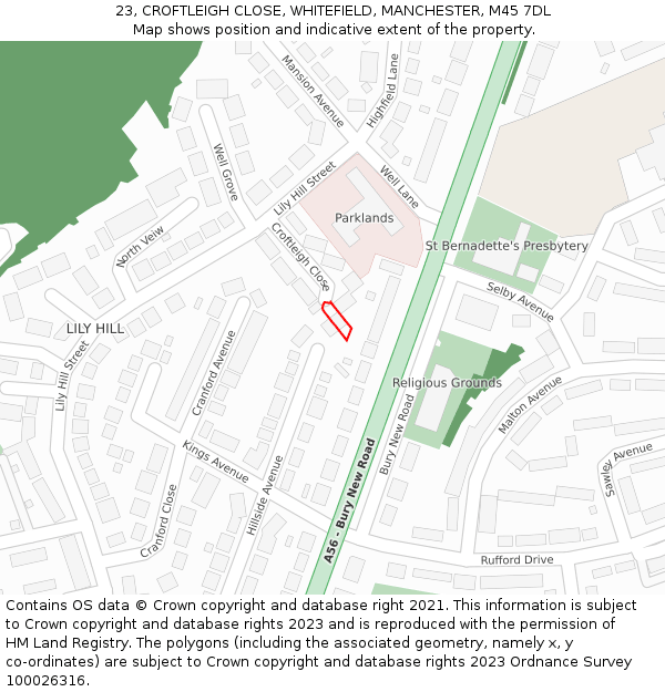 23, CROFTLEIGH CLOSE, WHITEFIELD, MANCHESTER, M45 7DL: Location map and indicative extent of plot