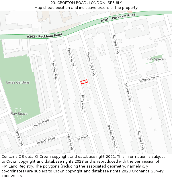 23, CROFTON ROAD, LONDON, SE5 8LY: Location map and indicative extent of plot