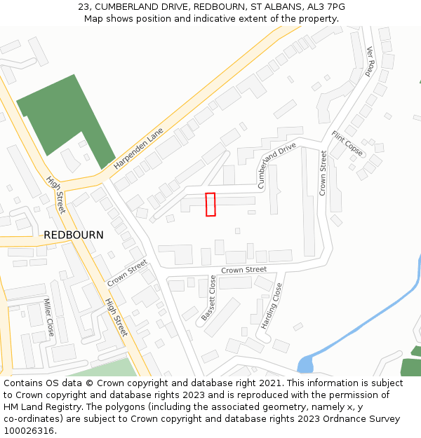 23, CUMBERLAND DRIVE, REDBOURN, ST ALBANS, AL3 7PG: Location map and indicative extent of plot