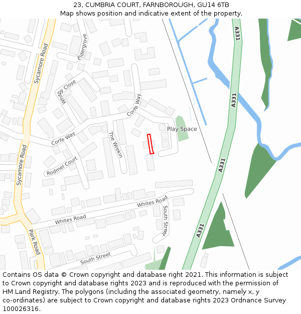 23, CUMBRIA COURT, FARNBOROUGH, GU14 6TB: Location map and indicative extent of plot