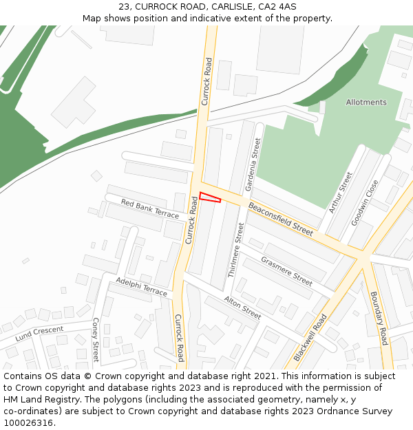 23, CURROCK ROAD, CARLISLE, CA2 4AS: Location map and indicative extent of plot