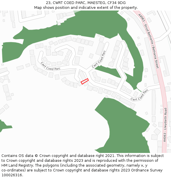 23, CWRT COED PARC, MAESTEG, CF34 9DG: Location map and indicative extent of plot
