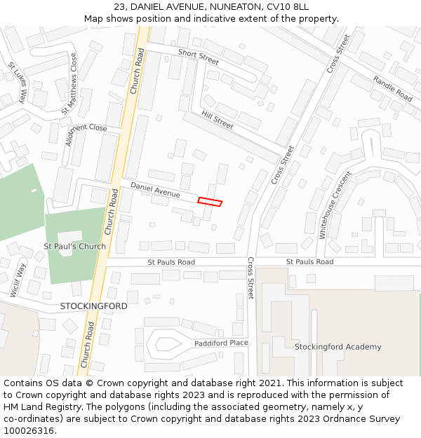 23, DANIEL AVENUE, NUNEATON, CV10 8LL: Location map and indicative extent of plot