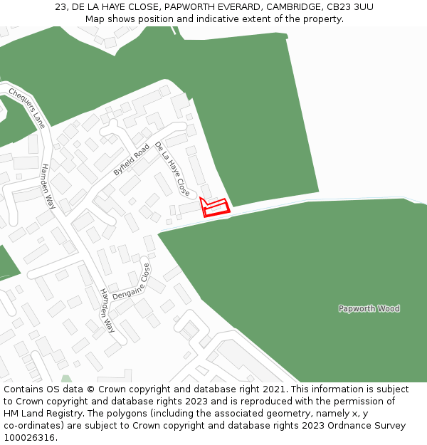 23, DE LA HAYE CLOSE, PAPWORTH EVERARD, CAMBRIDGE, CB23 3UU: Location map and indicative extent of plot