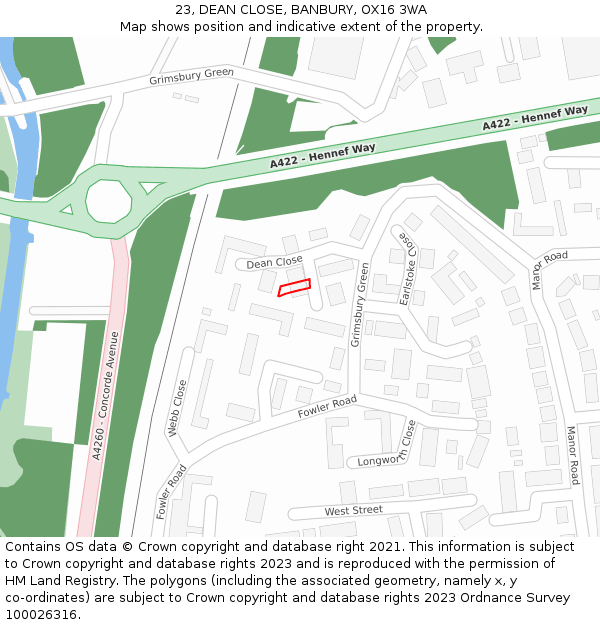 23, DEAN CLOSE, BANBURY, OX16 3WA: Location map and indicative extent of plot