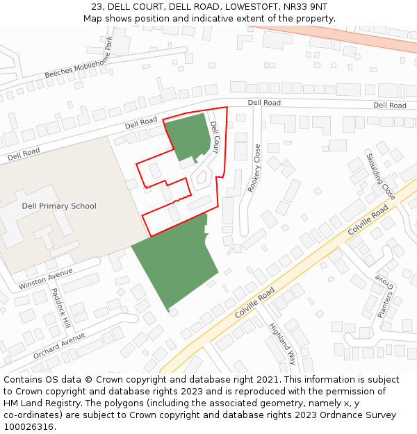 23, DELL COURT, DELL ROAD, LOWESTOFT, NR33 9NT: Location map and indicative extent of plot