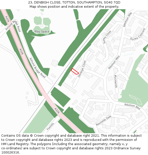 23, DENBIGH CLOSE, TOTTON, SOUTHAMPTON, SO40 7QD: Location map and indicative extent of plot