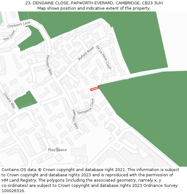 23, DENGAINE CLOSE, PAPWORTH EVERARD, CAMBRIDGE, CB23 3UH: Location map and indicative extent of plot