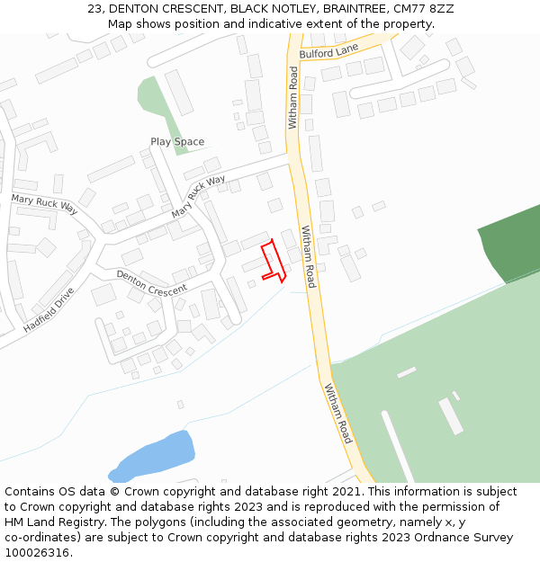 23, DENTON CRESCENT, BLACK NOTLEY, BRAINTREE, CM77 8ZZ: Location map and indicative extent of plot