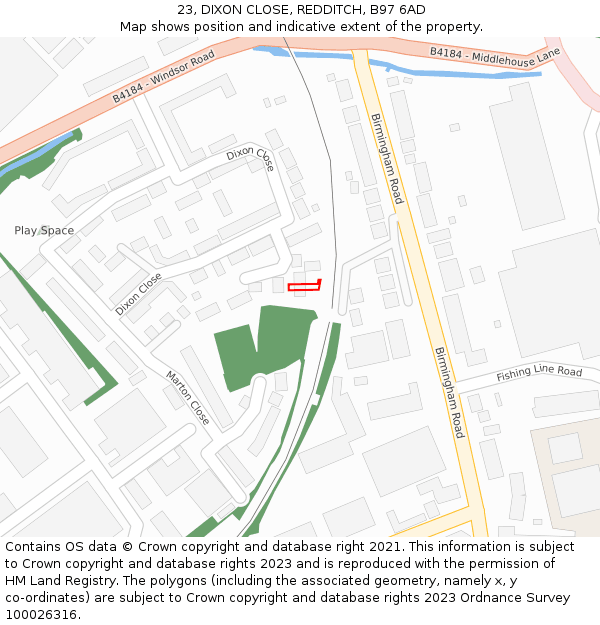 23, DIXON CLOSE, REDDITCH, B97 6AD: Location map and indicative extent of plot