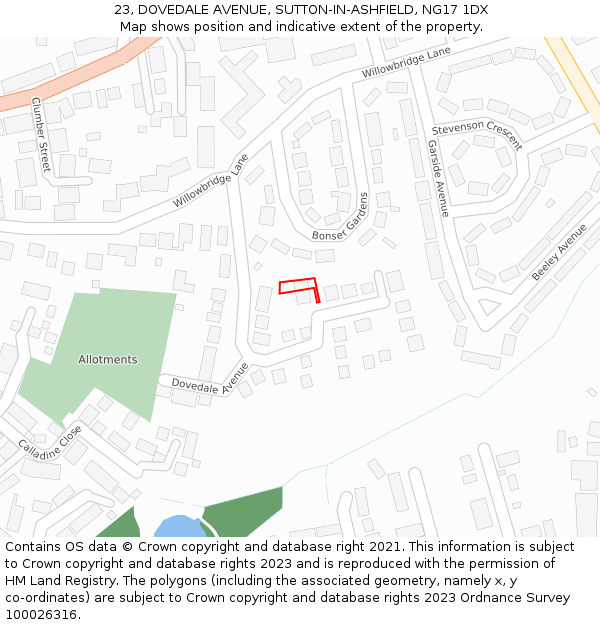 23, DOVEDALE AVENUE, SUTTON-IN-ASHFIELD, NG17 1DX: Location map and indicative extent of plot