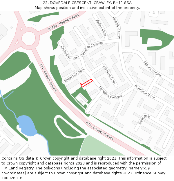 23, DOVEDALE CRESCENT, CRAWLEY, RH11 8SA: Location map and indicative extent of plot