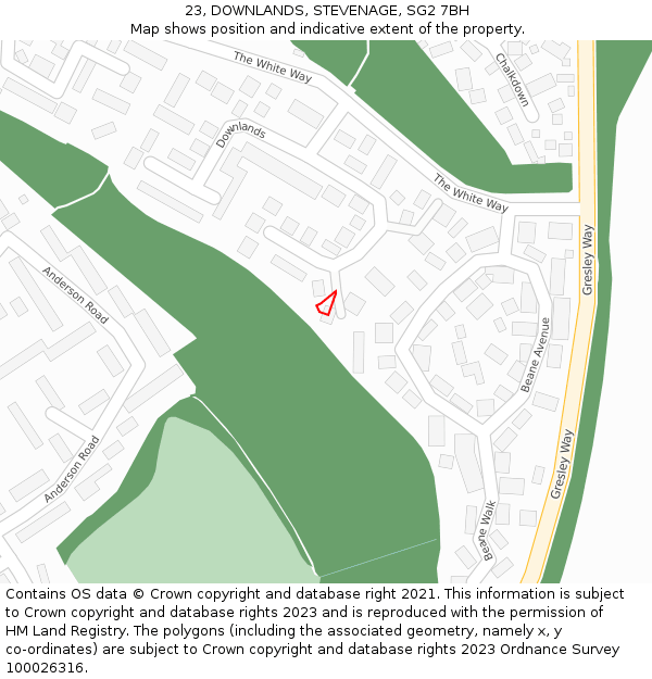 23, DOWNLANDS, STEVENAGE, SG2 7BH: Location map and indicative extent of plot