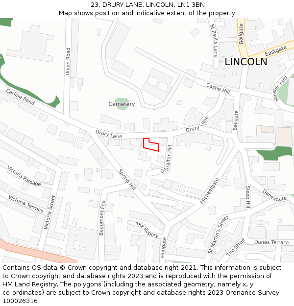 23, DRURY LANE, LINCOLN, LN1 3BN: Location map and indicative extent of plot