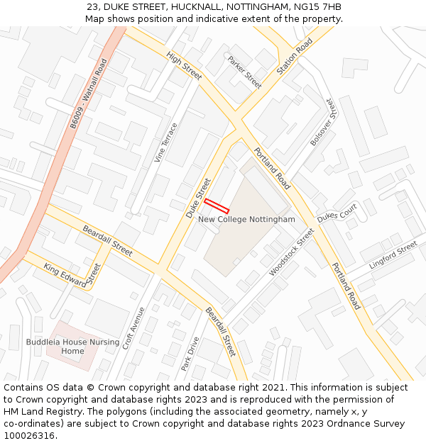 23, DUKE STREET, HUCKNALL, NOTTINGHAM, NG15 7HB: Location map and indicative extent of plot