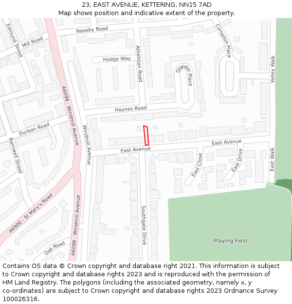 23, EAST AVENUE, KETTERING, NN15 7AD: Location map and indicative extent of plot