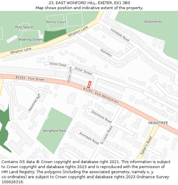 23, EAST WONFORD HILL, EXETER, EX1 3BS: Location map and indicative extent of plot