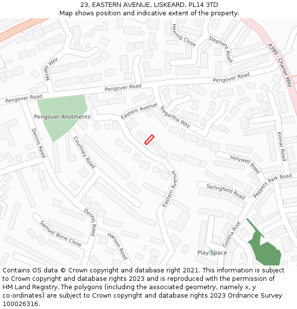 23, EASTERN AVENUE, LISKEARD, PL14 3TD: Location map and indicative extent of plot