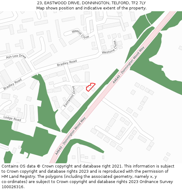 23, EASTWOOD DRIVE, DONNINGTON, TELFORD, TF2 7LY: Location map and indicative extent of plot