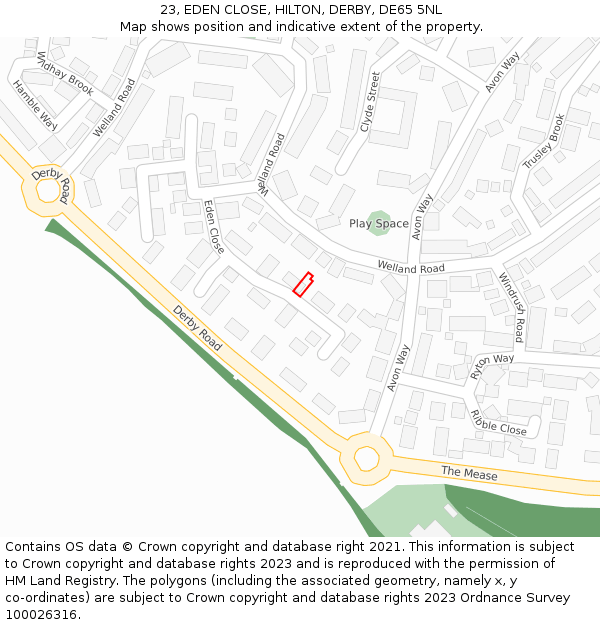 23, EDEN CLOSE, HILTON, DERBY, DE65 5NL: Location map and indicative extent of plot