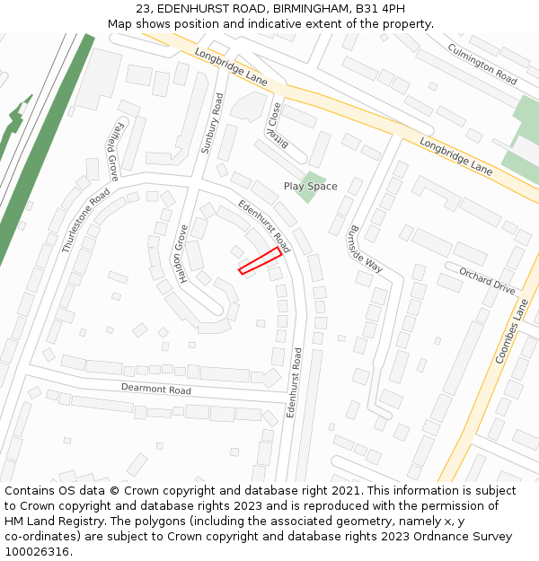 23, EDENHURST ROAD, BIRMINGHAM, B31 4PH: Location map and indicative extent of plot