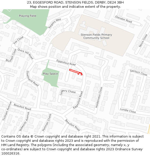 23, EGGESFORD ROAD, STENSON FIELDS, DERBY, DE24 3BH: Location map and indicative extent of plot