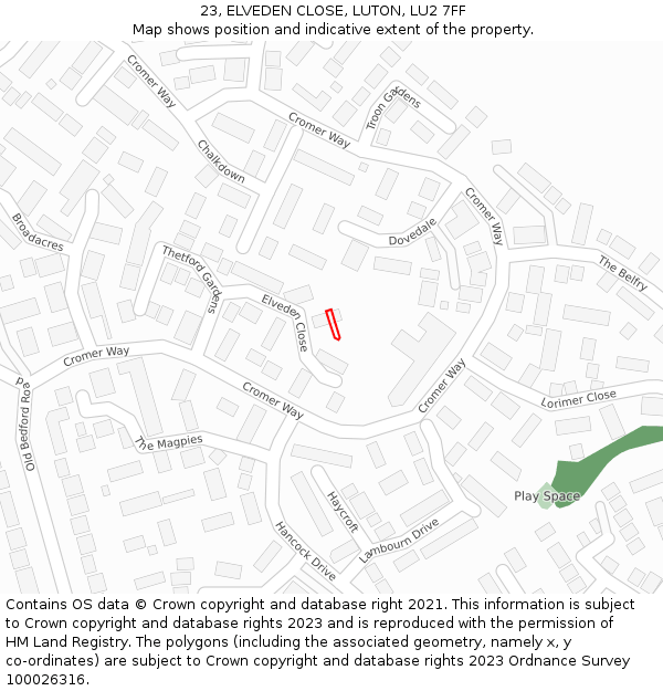 23, ELVEDEN CLOSE, LUTON, LU2 7FF: Location map and indicative extent of plot