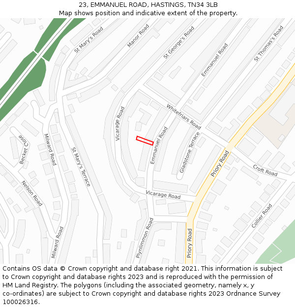 23, EMMANUEL ROAD, HASTINGS, TN34 3LB: Location map and indicative extent of plot
